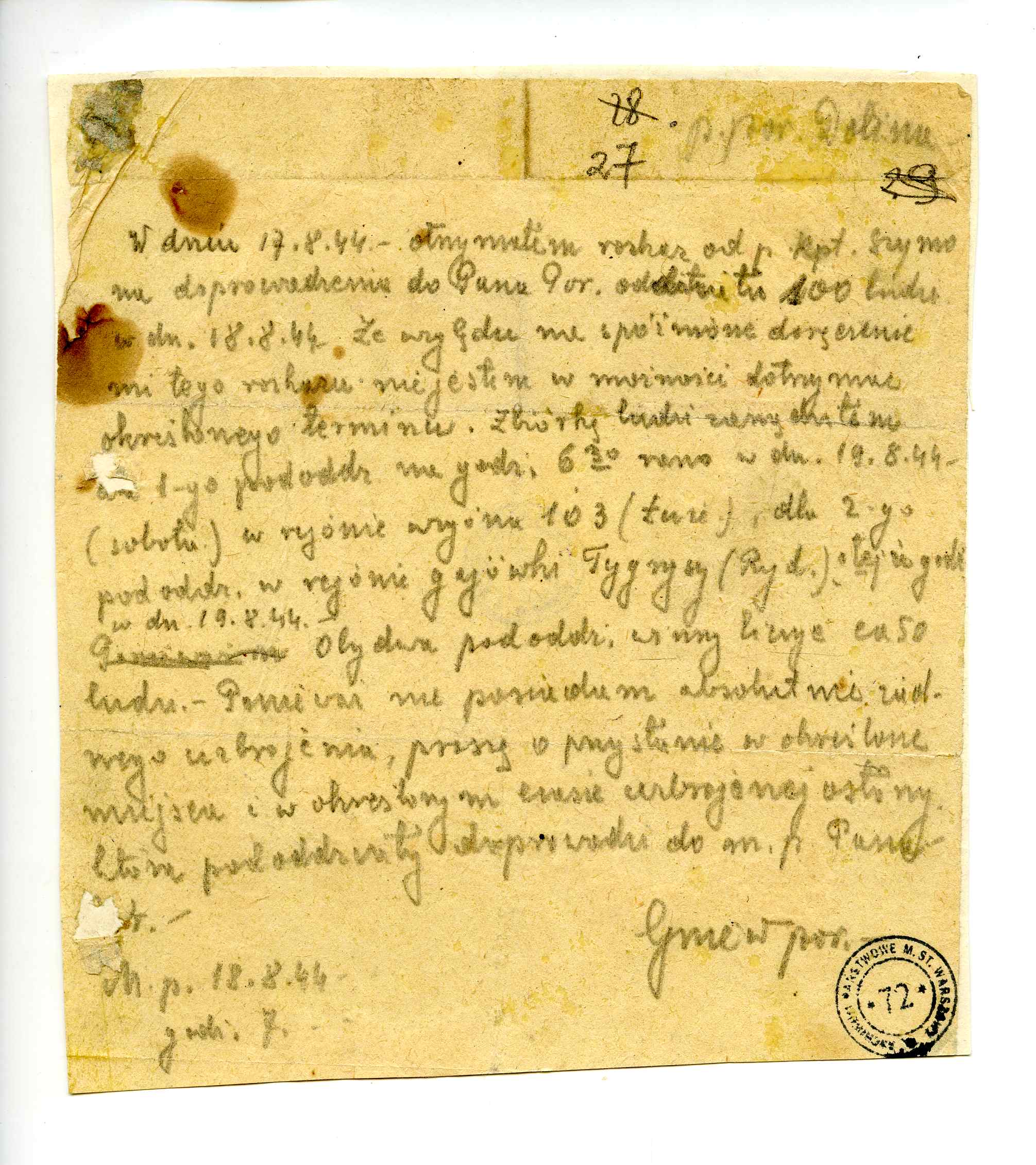 Meldunek por. Gniewosza" do por. "Doliny" w sprawie doprowadzenia oddziału